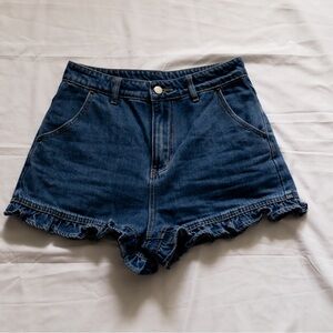 High-Waist Ruffle-Hem Denim Shorts - Blue